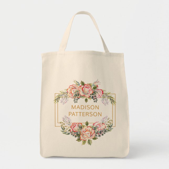 Personalized Elegant Watercolor Floral Girly Chic Tote Bag (Front)