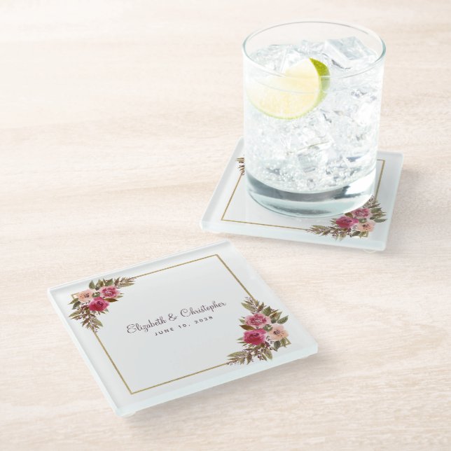 Personalized Elegant Watercolor Floral Wedding Glass Coaster (Angled)