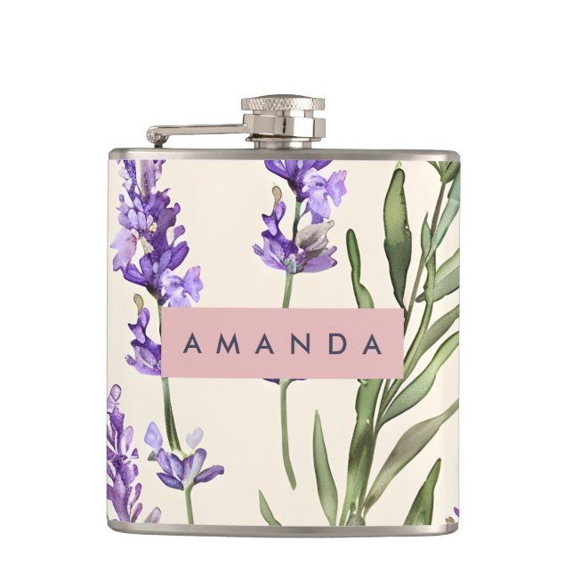 Personalized Elegant Watercolor Lavender  Hip Flask (Front)