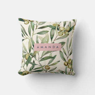 Personalized Elegant Watercolor Olive Branch Throw Pillow