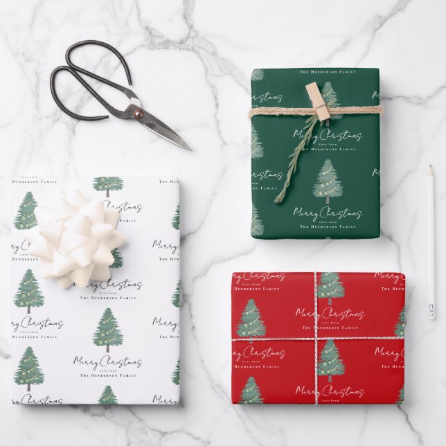 Personalized Elegant Watercolor Tree Christmas Wrapping Paper Sheet (Front)