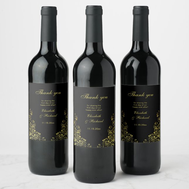 Personalized Elegant Wedding Black Gold Thank You Wine Label (Bottles)