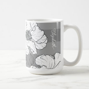 Personalized Elegant White Florals on Grey  Coffee Mug