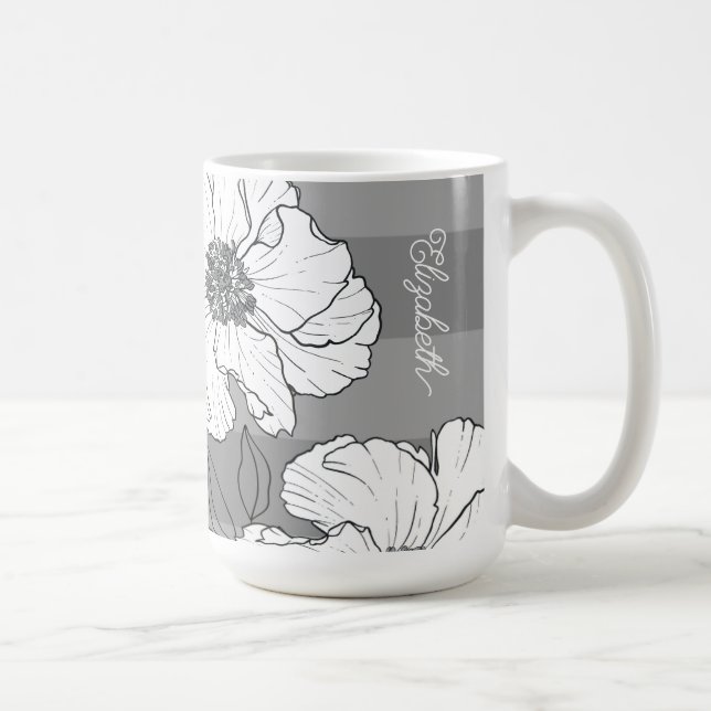 Personalized Elegant White Florals on Grey  Coffee Mug (Right)