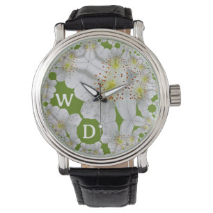 Personalized Elegant White Flower Art Olive Green Watch