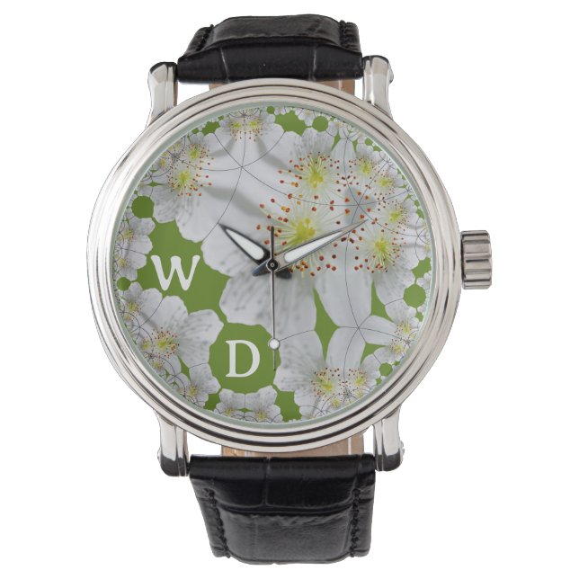 Personalized Elegant White Flower Art Olive Green Watch (Front)