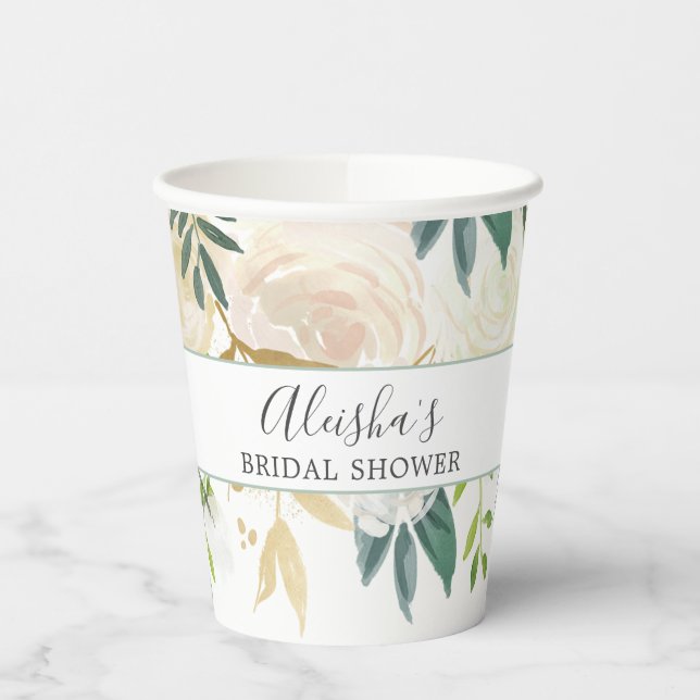 Personalized Elegant White Gold Floral Greenery Paper Cups (Left)