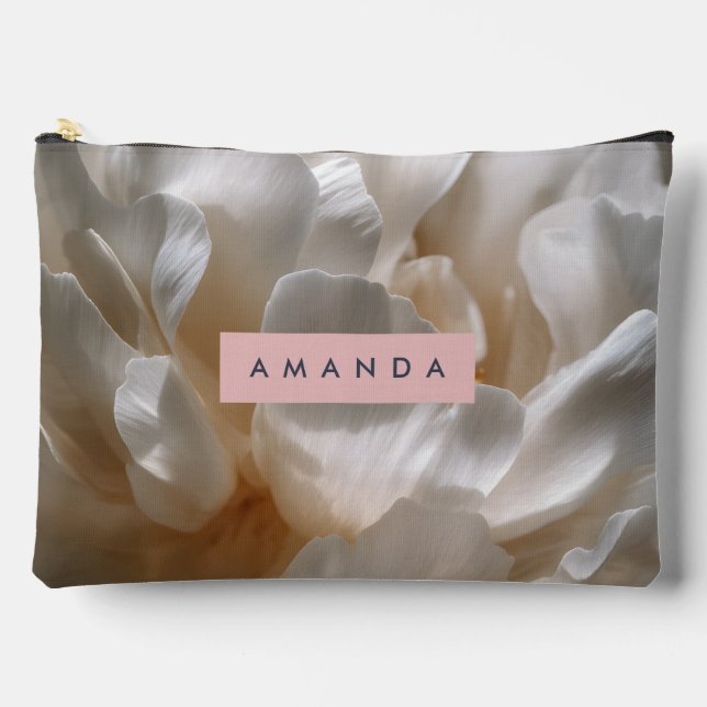 Personalized Elegant White Peony Bloom Accessory Pouch (Front)