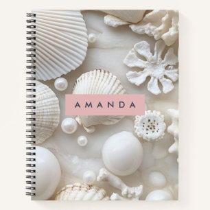 Personalized Elegant White Seashell and Pearl Notebook