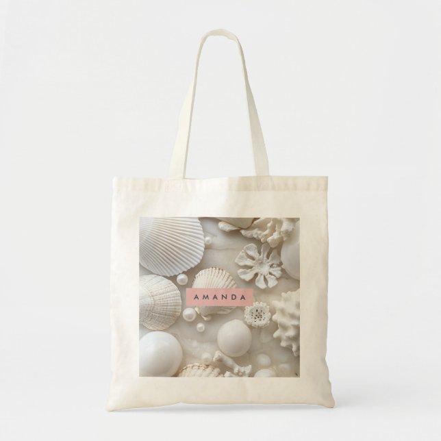 Personalized Elegant White Seashell and Pearl Tote Bag (Front)