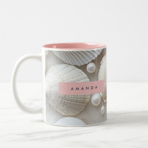 Personalized Elegant White Seashell and Pearl Two-Tone Coffee Mug