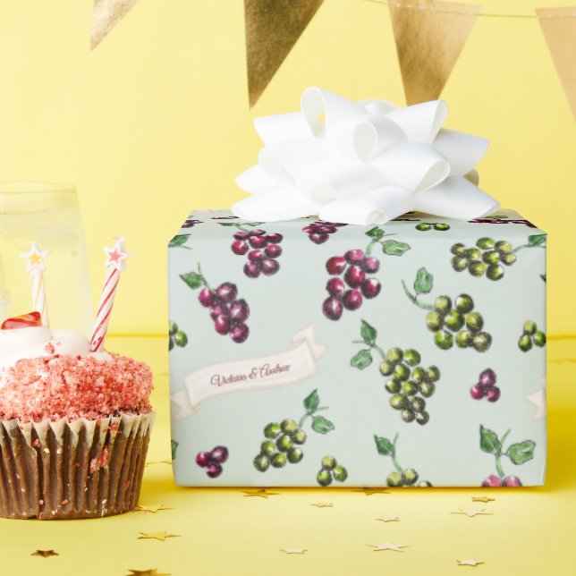 Personalized Elegant Wine Grapes Sage Watercolor Wrapping Paper (Birthday Party)