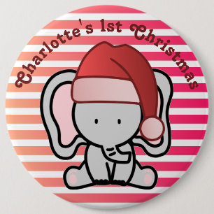 Personalized Elephant 1st Christmas Baby Girl 6 Inch Round Button