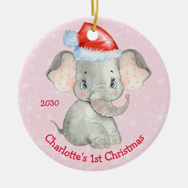 Personalized Elephant 1st Christmas Baby Girl Pink Ceramic Ornament (Front)
