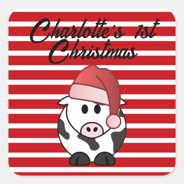 Personalized Elephant 1st Christmas Baby Girl Red  Square Sticker (Front)