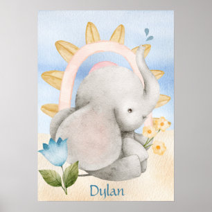 Personalized Elephant, Baby Animals, Boho, Rainbow Poster