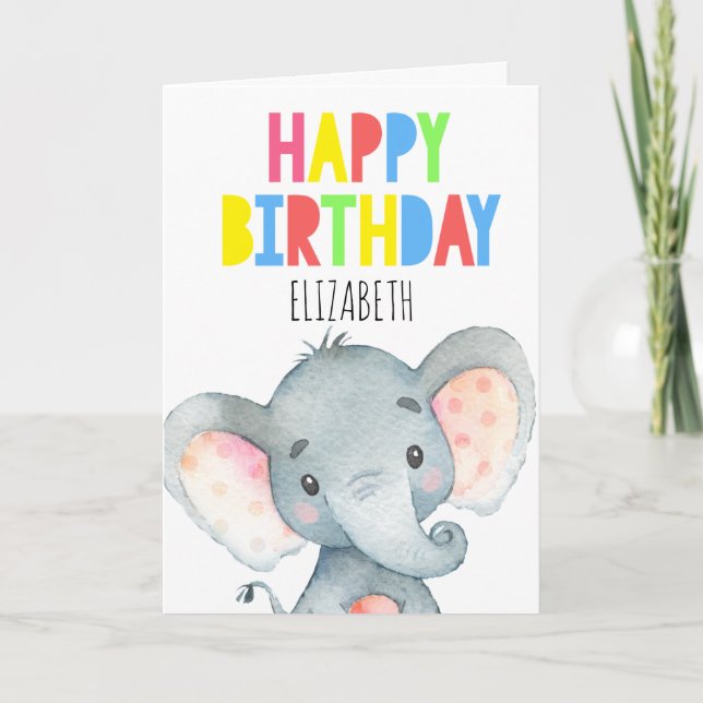 Personalized Elephant Cute Girl Happy Birthday Card (Front)