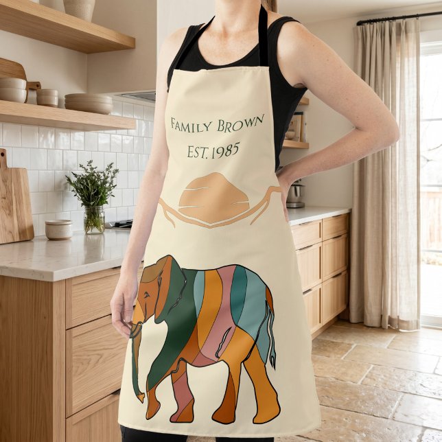 Personalized Elephant Family Kitchen Apron (Custom Family Name Elephant Boho Mid Century Gift Apron)