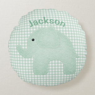 Personalized Elephant Green Plaid Gingham Nursery Round Pillow