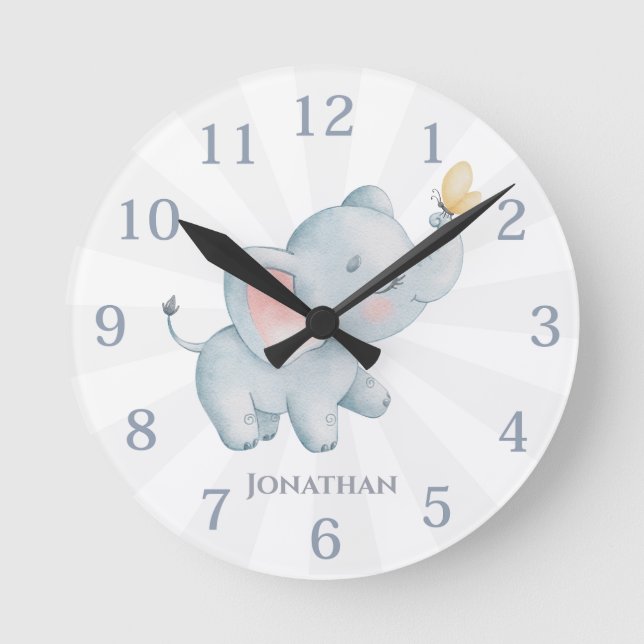 Personalized Elephant Nursery Room Round Clock (Front)