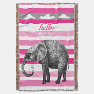 Personalized Elephant Pink Striped Clouds Throw Blanket
