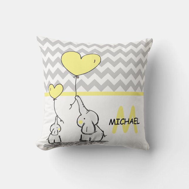 Personalized Elephant Yellow Grey Chevron Nursery Throw Pillow (Front)