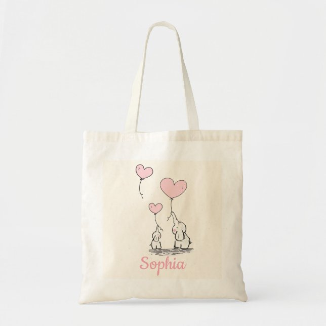Personalized Elephants with Pink Heart Balloons Tote Bag (Front)