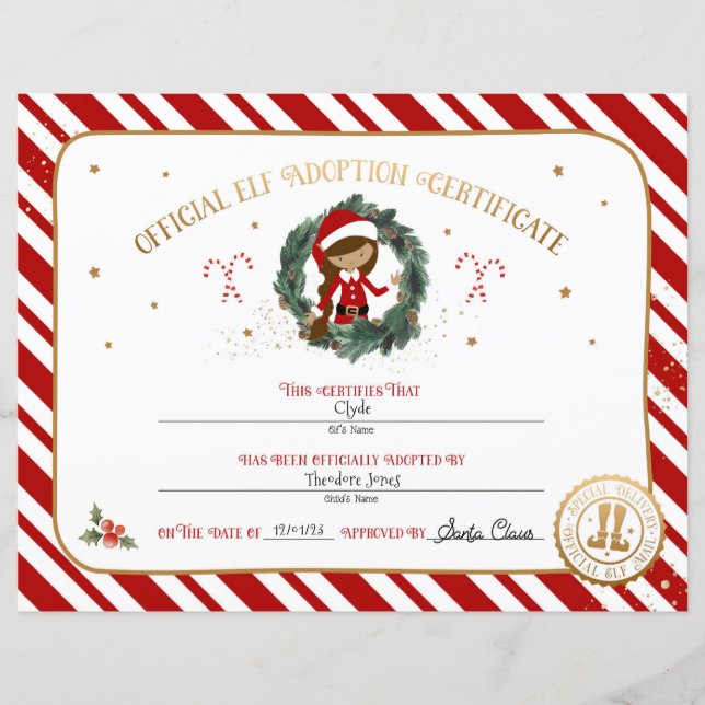 Personalized Elf Adoption Certificate (Front)