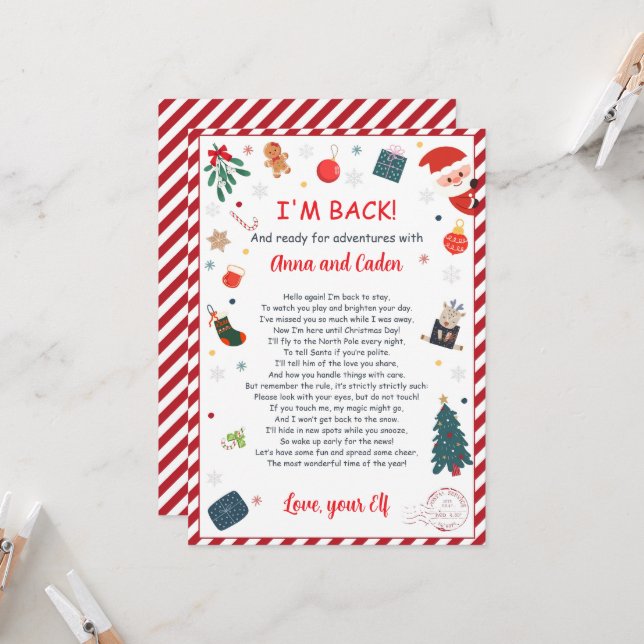 Personalized Elf Arrival "I'm Back" Welcome Letter Invitation (Front/Back In Situ)