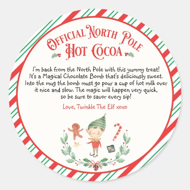 Personalized Elf Hot Chocolate Bomb Arrival Gift Classic Round Sticker (Front)