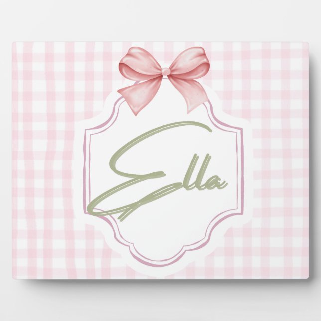 Personalized Ella Baby Girl Nursery Bow&Gingham  Plaque (Front)