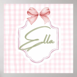 Personalized Ella Baby Girl Nursery Bow&Gingham  Poster
