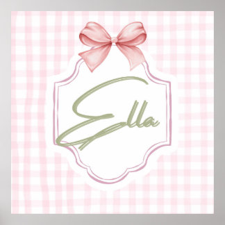 Personalized Ella Baby Girl Nursery Bow&Gingham Poster