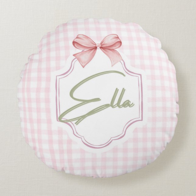 Personalized Ella Baby Girl Nursery Bow&Gingham  Round Pillow (Front)