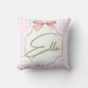 Personalized Ella Baby Girl Nursery Bow&Gingham  Throw Pillow