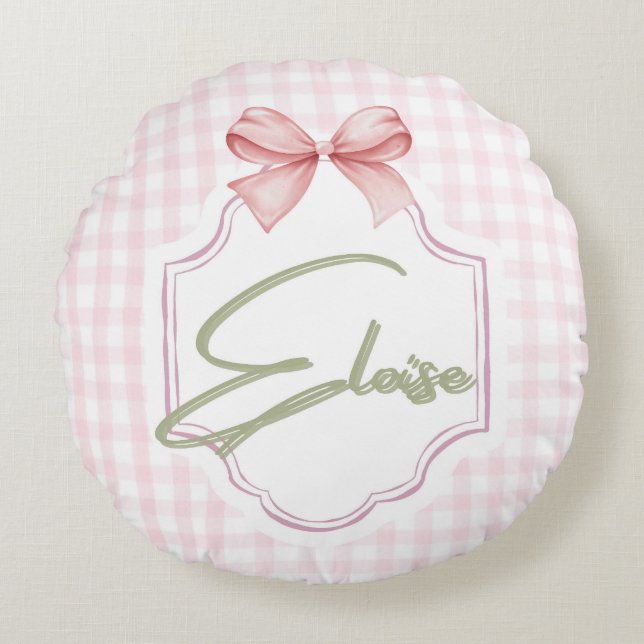 Personalized Eloise Baby Girl Nursery Bow&Gingham Round Pillow (Front)