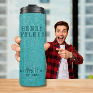 Personalized Embossed Teal Turquoise Vegan Leather Thermal Tumbler