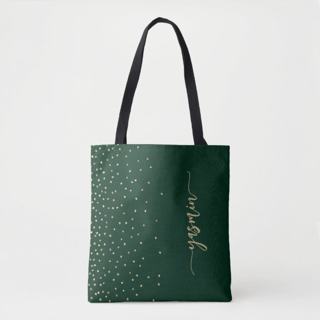 Personalized Emerald Green Gold Square Confetti Tote Bag (Front)