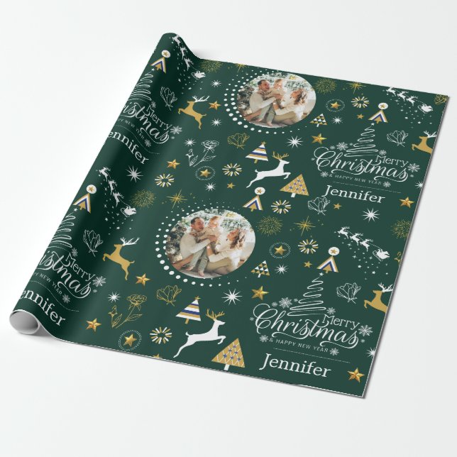Personalized Emerald Green Merry Christmas gift Wrapping Paper (Unrolled)