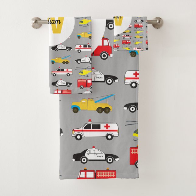 Personalized Emergency Vehicles Transportation Bath Towel Set (Insitu)
