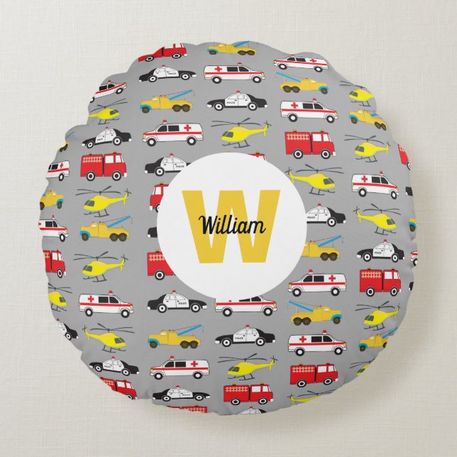 Personalized Emergency Vehicles Transportation Round Pillow (Front)