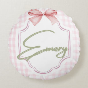 Personalized Emery Baby Girl Nursery Bow&Gingham Round Pillow