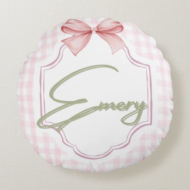 Personalized Emery Baby Girl Nursery Bow&Gingham Round Pillow (Front)