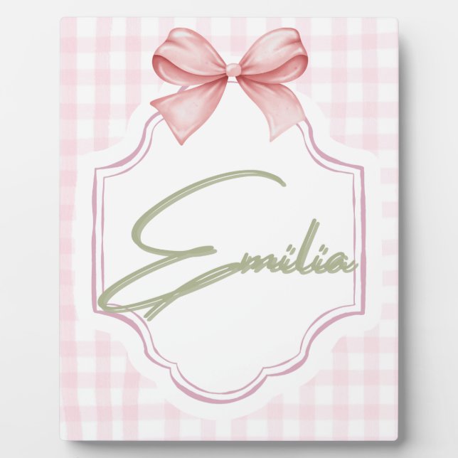 Personalized Emilia Baby Girl Nursery Bow&Gingham  Plaque (Front)
