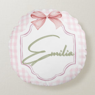 Personalized Emilia Baby Girl Nursery Bow&Gingham  Round Pillow
