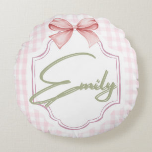 Personalized Emily Baby Girl Nursery Bow&Gingham  Round Pillow