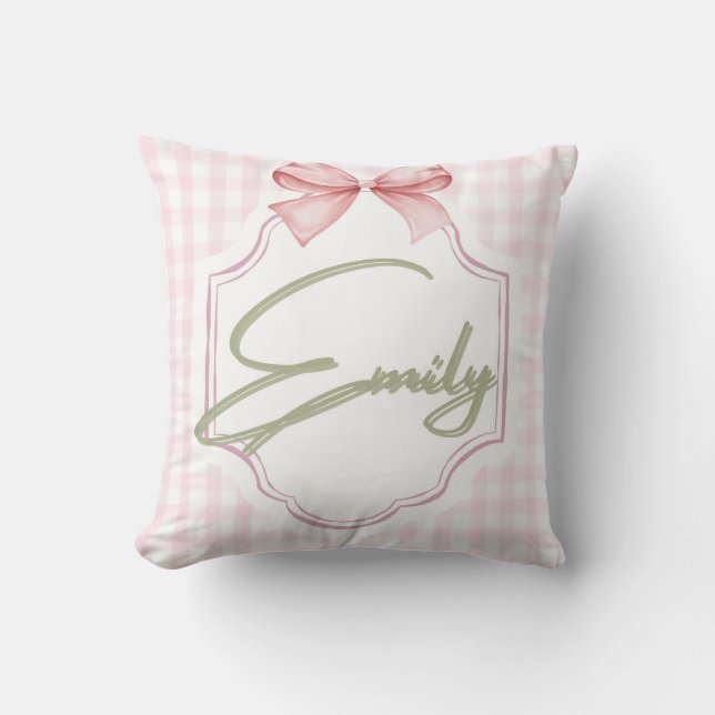 Personalized Emily Baby Girl Nursery Bow&Gingham  Throw Pillow (Front)