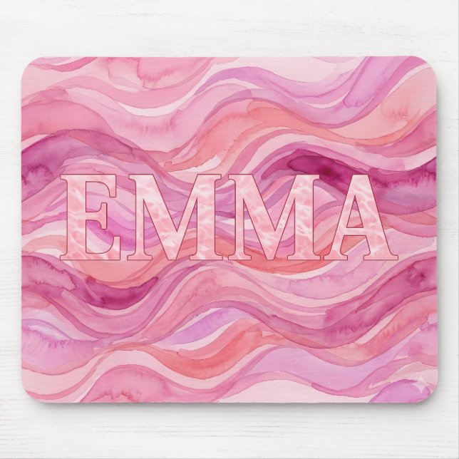 Personalized EMMA Pink Watercolor Waves Mouse Pad (Front)
