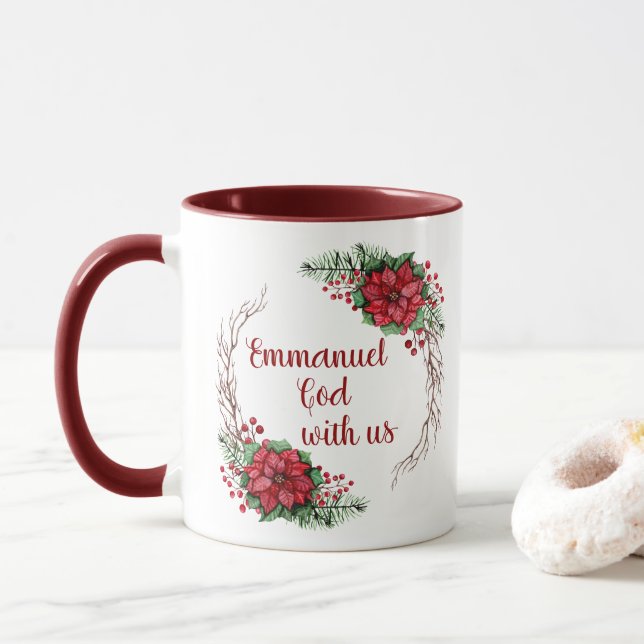 Personalized Emmanuel God Is With Us Poinsettia Mug (With Donut)