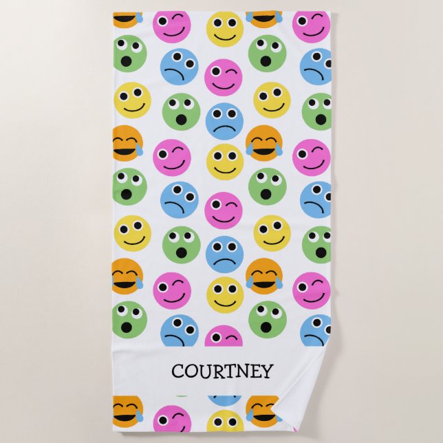 Personalized Emojis Faces Colourful Patterned Beach Towel (Front)